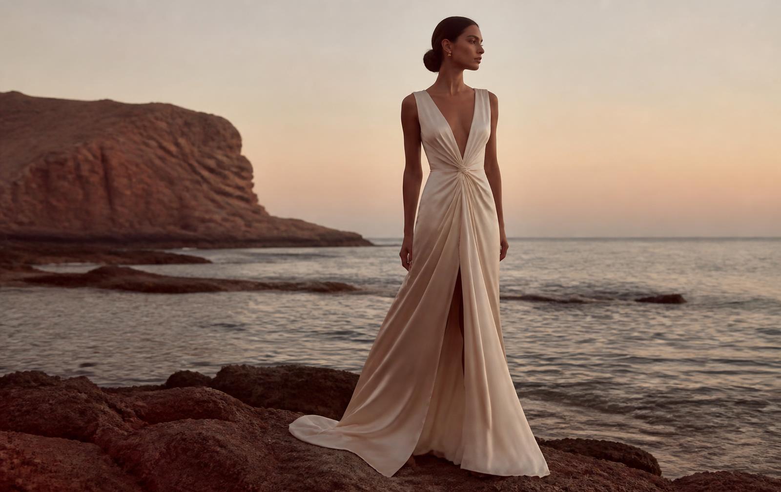 Mujer con vestido de seda marfil frente al Atlántico