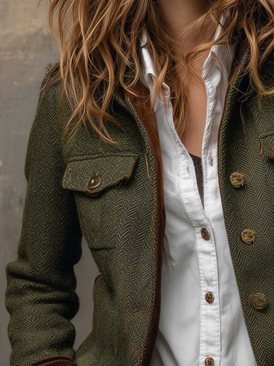Honorine | Blazer Vintage Chevron con Ribetes en Contraste