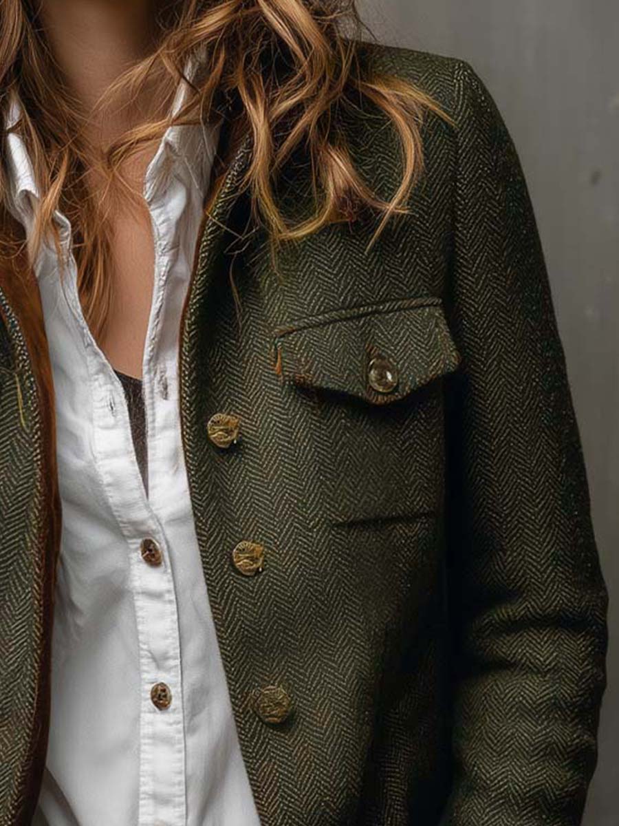 Honorine | Blazer Vintage Chevron con Ribetes en Contraste