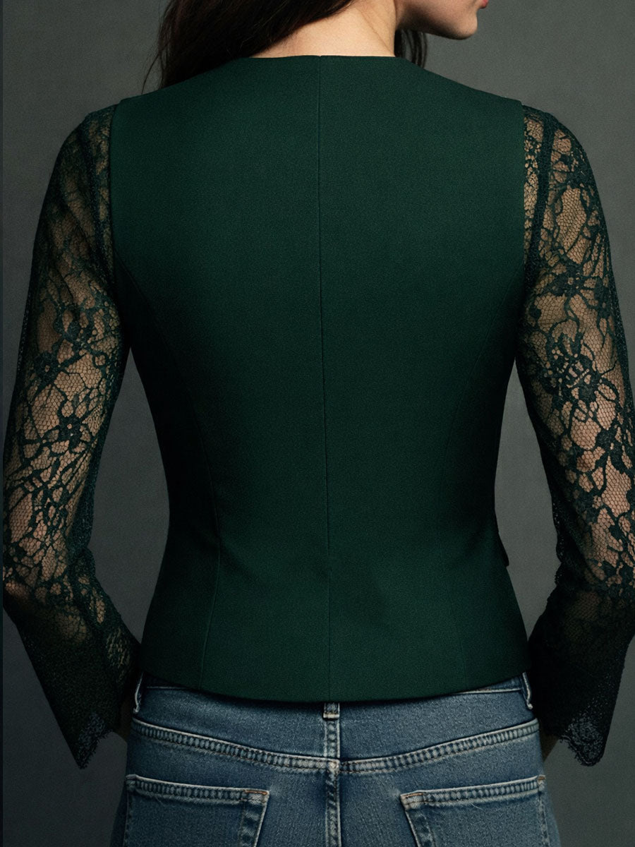 Noémie | Haut Blazer Noir à Manches Semi-Transparentes
