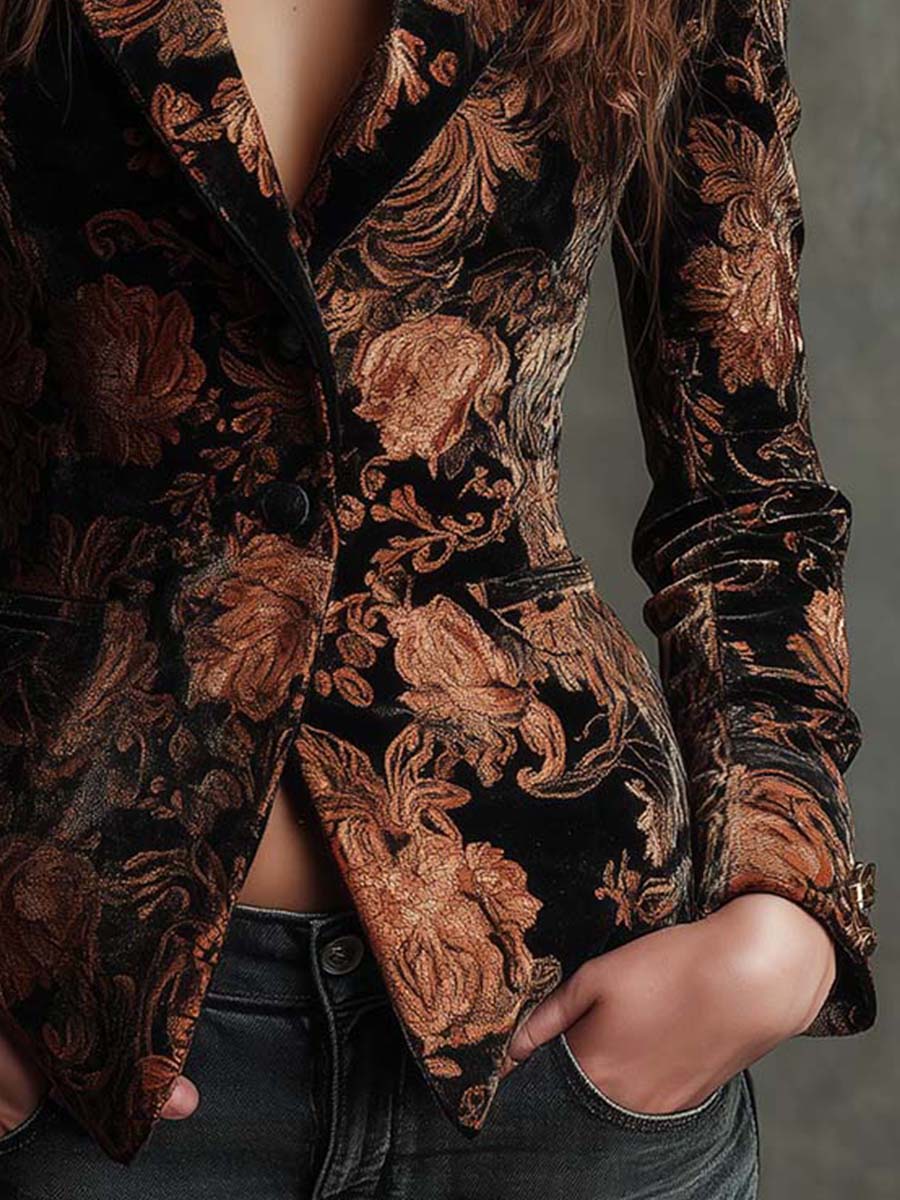 Bertille | Blazer Sastre Estampado Floral Negro y Bronce