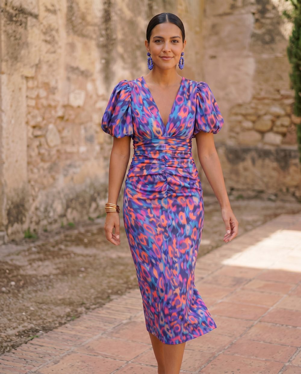 Carla — Vestido Midi Floral con Mangas Abullonadas