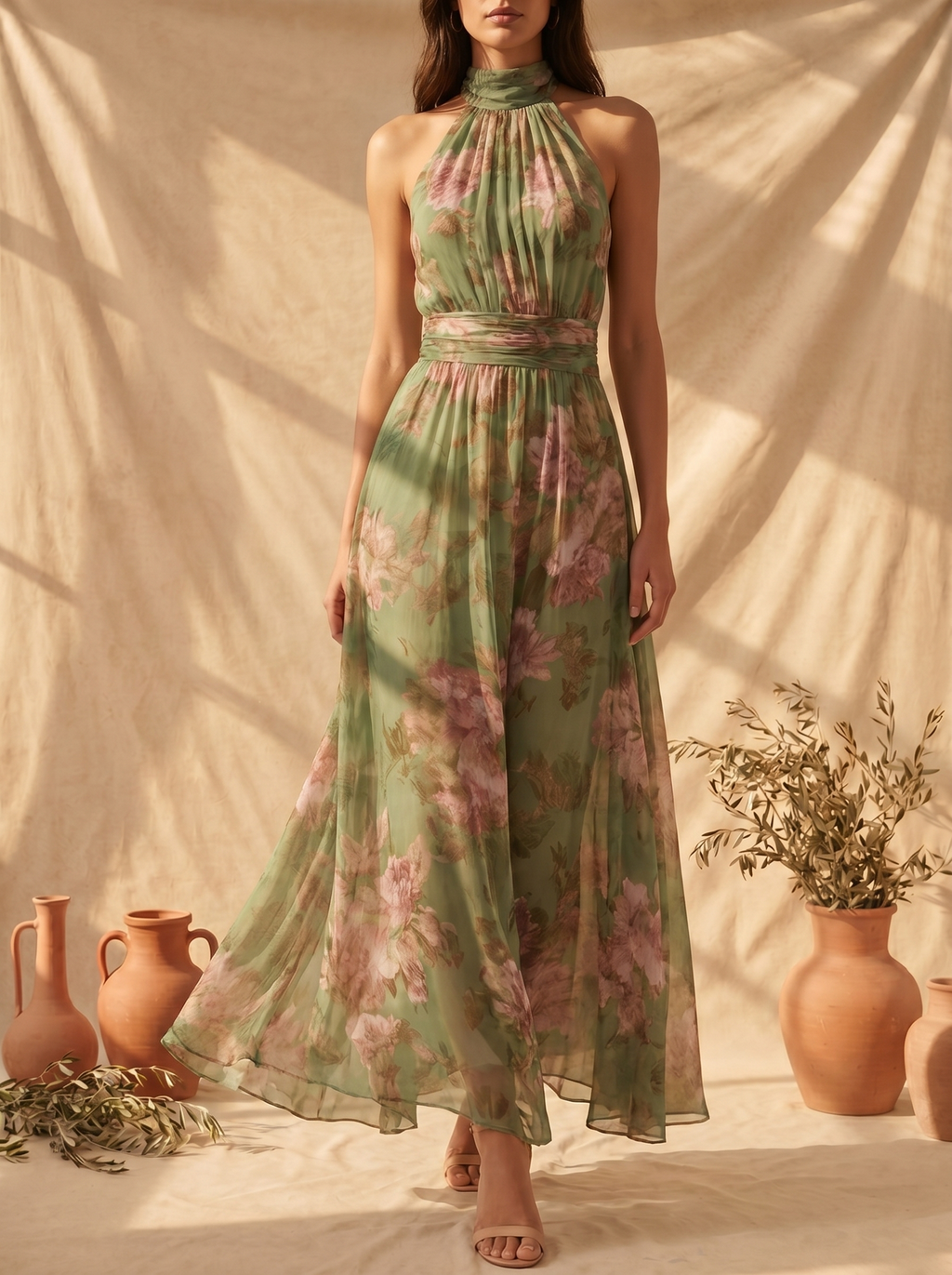Vestido maxi halter floral detalle