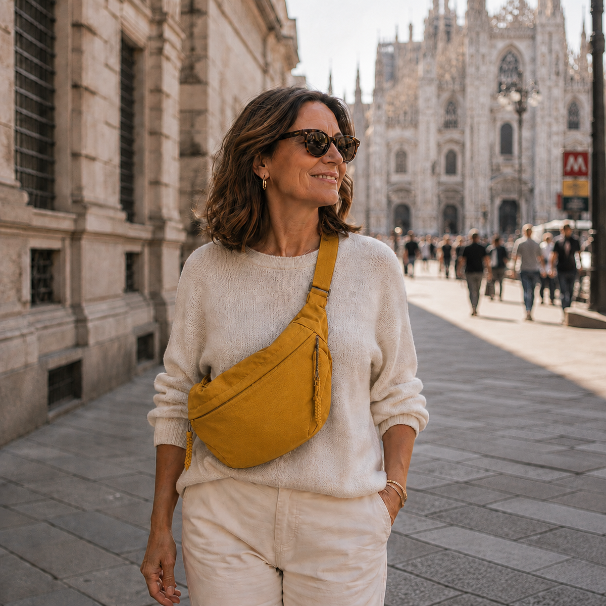 Luce, bolso ocre llevado en bandolera