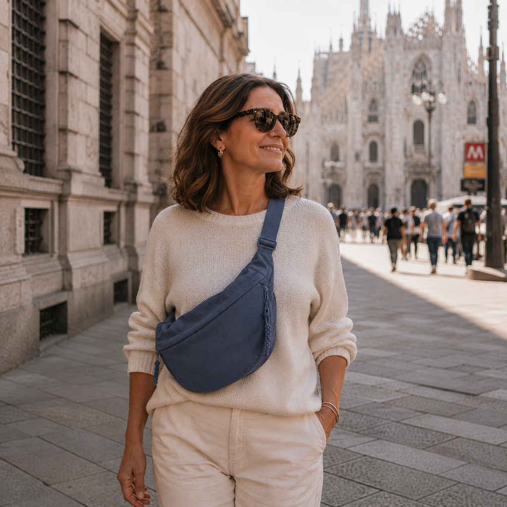 Mara, bolso azul en detalle