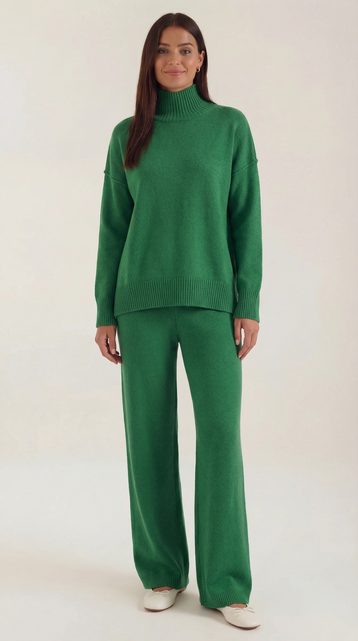 Conjunto de suéter de punto de cuello alto y pantalones vaqueros