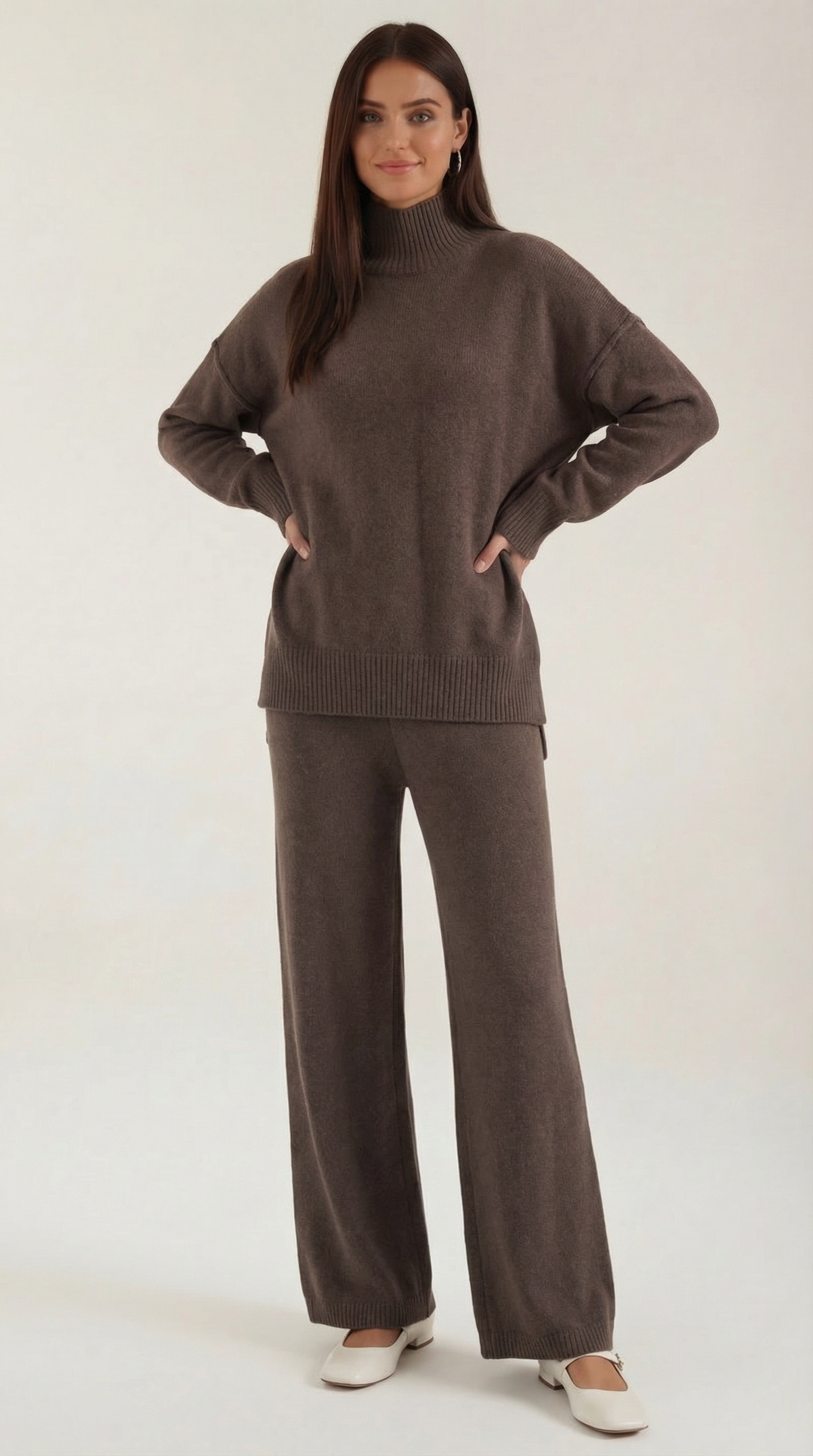 Conjunto de suéter de punto de cuello alto y pantalones vaqueros